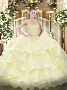 Sumptuous Organza Straps Sleeveless Zipper Beading and Ruffled Layers Quinceanera Gown in Light Yellow