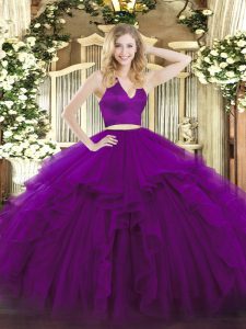 High Quality Purple Two Pieces Halter Top Sleeveless Organza Floor Length Zipper Ruffles Quinceanera Dresses