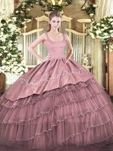  Ball Gowns Quinceanera Gowns Pink Straps Organza Sleeveless Floor Length Zipper