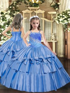 Pretty Baby Blue Straps Lace Up Beading and Ruffled Layers Party Dresses Sleeveless