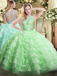 Modern Sleeveless Backless Floor Length Lace and Ruffled Layers Quinceanera Gown