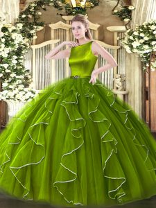  Scoop Sleeveless Clasp Handle Quinceanera Dress Olive Green Organza