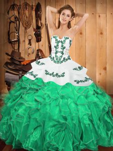  Floor Length Lace Up Quinceanera Dress Turquoise for Military Ball and Sweet 16 and Quinceanera with Embroidery and Ruffles