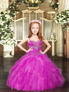 On Sale Fuchsia Lace Up Kids Pageant Dress Beading and Ruffles Sleeveless Floor Length