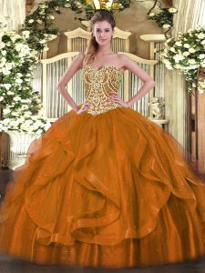 Flare Rust Red Organza Lace Up Sweetheart Sleeveless Floor Length 15th Birthday Dress Beading and Ruffles