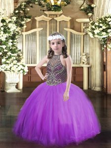 Modern Eggplant Purple Sleeveless Tulle Lace Up Little Girls Pageant Gowns for Party and Quinceanera