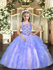  Straps Sleeveless Tulle Little Girls Pageant Gowns Beading and Ruffles Lace Up