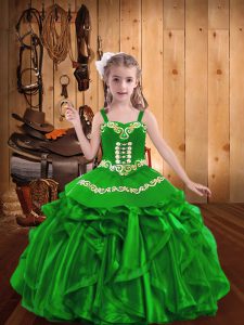 Inexpensive Green Organza Lace Up Straps Sleeveless Floor Length Pageant Gowns For Girls Embroidery and Ruffles