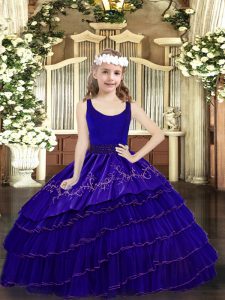 Elegant Blue Zipper Scoop Beading and Embroidery and Ruffled Layers Child Pageant Dress Organza Sleeveless