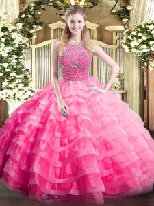  Ball Gowns Quinceanera Dresses Rose Pink Halter Top Organza Sleeveless Floor Length Zipper