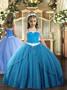 High Class Sleeveless Appliques Lace Up Party Dress with Blue Sweep Train