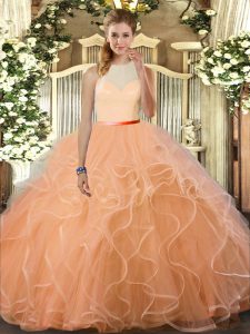  Floor Length Peach Quinceanera Dress High-neck Sleeveless Backless