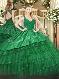  Green Satin and Tulle Zipper Sweet 16 Dress Sleeveless Floor Length Beading and Embroidery and Ruffled Layers