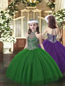 Top Selling Halter Top Sleeveless Little Girl Pageant Gowns Floor Length Beading Dark Green Tulle
