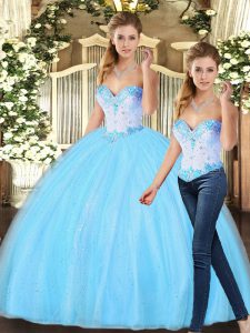  Baby Blue Two Pieces Sweetheart Sleeveless Tulle Floor Length Lace Up Beading Quince Ball Gowns