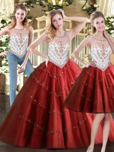  Wine Red Zipper Ball Gown Prom Dress Beading Sleeveless Floor Length