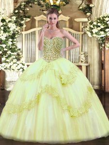  Yellow Green Sweetheart Neckline Beading and Appliques Quinceanera Gown Sleeveless Lace Up