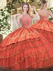  Floor Length Rust Red Quince Ball Gowns Satin and Organza Sleeveless Beading and Embroidery and Ruffles