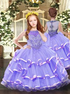 Most Popular Scoop Sleeveless Organza Little Girls Pageant Gowns Beading and Ruffled Layers Zipper