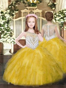 Low Price Gold Sleeveless Floor Length Beading and Ruffles Zipper Little Girls Pageant Gowns