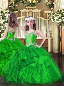 High End Straps Sleeveless Organza Little Girl Pageant Gowns Beading and Ruffles Lace Up