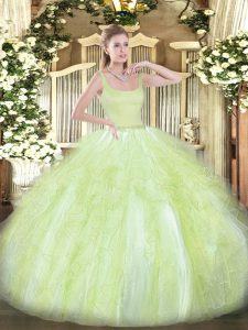 Inexpensive Tulle Straps Sleeveless Zipper Beading and Ruffles Quinceanera Dress in Yellow Green