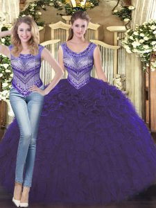  Scoop Sleeveless Sweet 16 Dresses Floor Length Beading and Ruffles Purple Tulle