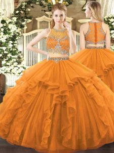 Cheap Orange Sleeveless Floor Length Beading and Ruffles Zipper Quinceanera Dresses