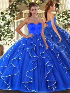 Dramatic Blue Sleeveless Floor Length Beading and Ruffles Lace Up 15th Birthday Dress