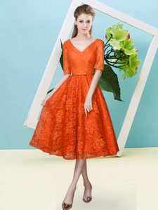 Sumptuous Tea Length Empire Half Sleeves Orange Red Dama Dress Lace Up