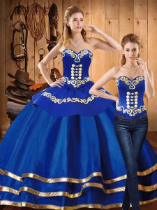 Gorgeous Blue Satin and Tulle Lace Up Quinceanera Gowns Long Sleeves Floor Length Embroidery