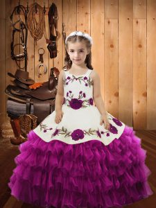  Fuchsia Ball Gowns Embroidery and Ruffled Layers Party Dress Lace Up Organza Sleeveless Floor Length