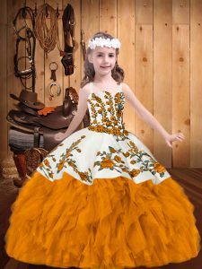 Luxurious Sleeveless Zipper Floor Length Embroidery and Ruffles Kids Pageant Dress