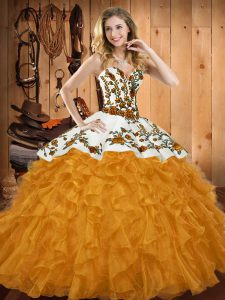  Sleeveless Satin and Organza Floor Length Lace Up Quinceanera Dresses in Gold with Embroidery and Ruffles