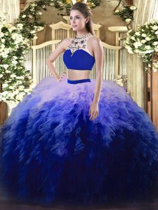 Sumptuous Multi-color High-neck Backless Beading and Ruffles Quinceanera Dresses Sleeveless