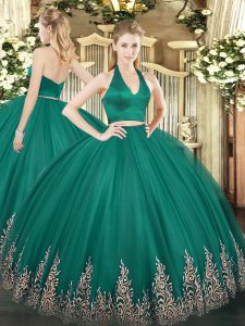 Superior Dark Green Sleeveless Floor Length Appliques Zipper 15th Birthday Dress