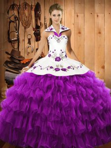 Lovely Eggplant Purple Lace Up Quinceanera Gown Embroidery and Ruffled Layers Sleeveless Floor Length