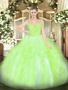 Captivating Floor Length Zipper Ball Gown Prom Dress Yellow Green for Military Ball and Sweet 16 and Quinceanera with Ruffles