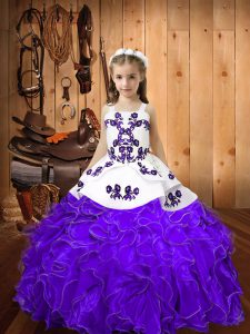  Eggplant Purple Lace Up Straps Embroidery and Ruffles Little Girl Pageant Gowns Organza Sleeveless