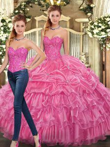 Hot Selling Rose Pink Organza Lace Up Sweetheart Sleeveless Floor Length Sweet 16 Dresses Beading and Ruffles
