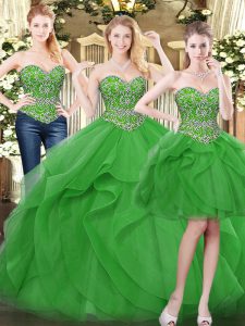 Edgy Green Ball Gowns Sweetheart Sleeveless Tulle Floor Length Lace Up Beading and Ruffles Quinceanera Gown