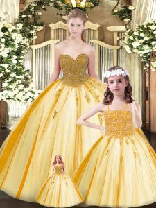 Spectacular Sweetheart Sleeveless Quinceanera Dress Floor Length Beading Gold Tulle