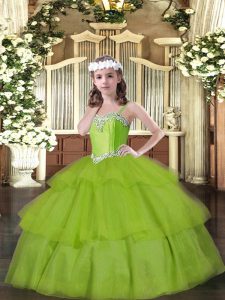  Organza Straps Sleeveless Lace Up Beading and Ruffled Layers Kids Pageant Dress in Olive Green