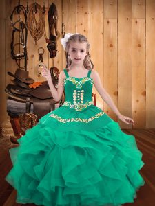  Straps Sleeveless Lace Up Kids Pageant Dress Turquoise Organza