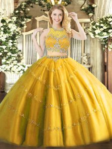  Gold Two Pieces Beading Quinceanera Dresses Zipper Tulle Sleeveless Floor Length
