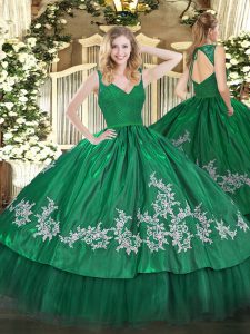 Delicate Dark Green Ball Gowns Taffeta V-neck Sleeveless Beading and Appliques Floor Length Zipper Quinceanera Gown