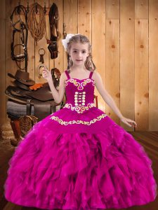 Great Fuchsia Sleeveless Floor Length Embroidery and Ruffles Lace Up Pageant Gowns For Girls