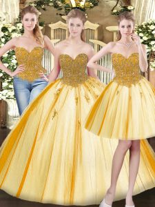 Best Selling Gold Ball Gowns Beading and Appliques Ball Gown Prom Dress Lace Up Tulle Sleeveless Floor Length