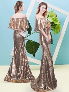 Graceful Gold Off The Shoulder Zipper Sequins Prom Gown Half Sleeves