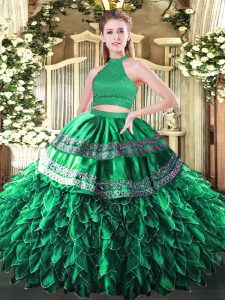  Floor Length Dark Green Quinceanera Dress Halter Top Sleeveless Backless